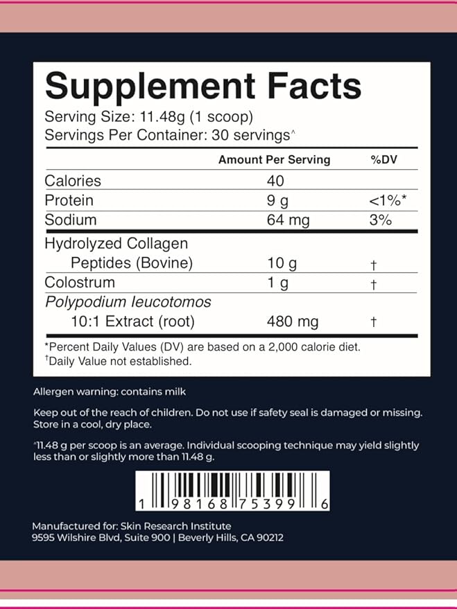 SRILabs ColSilk Unflavored Hydrolyzed Collagen Powder with Colostrum and Polypodium - Skin, Hair, Nails, Gut Health and Joint Support - One Scoop Daily | 1 Month Supply