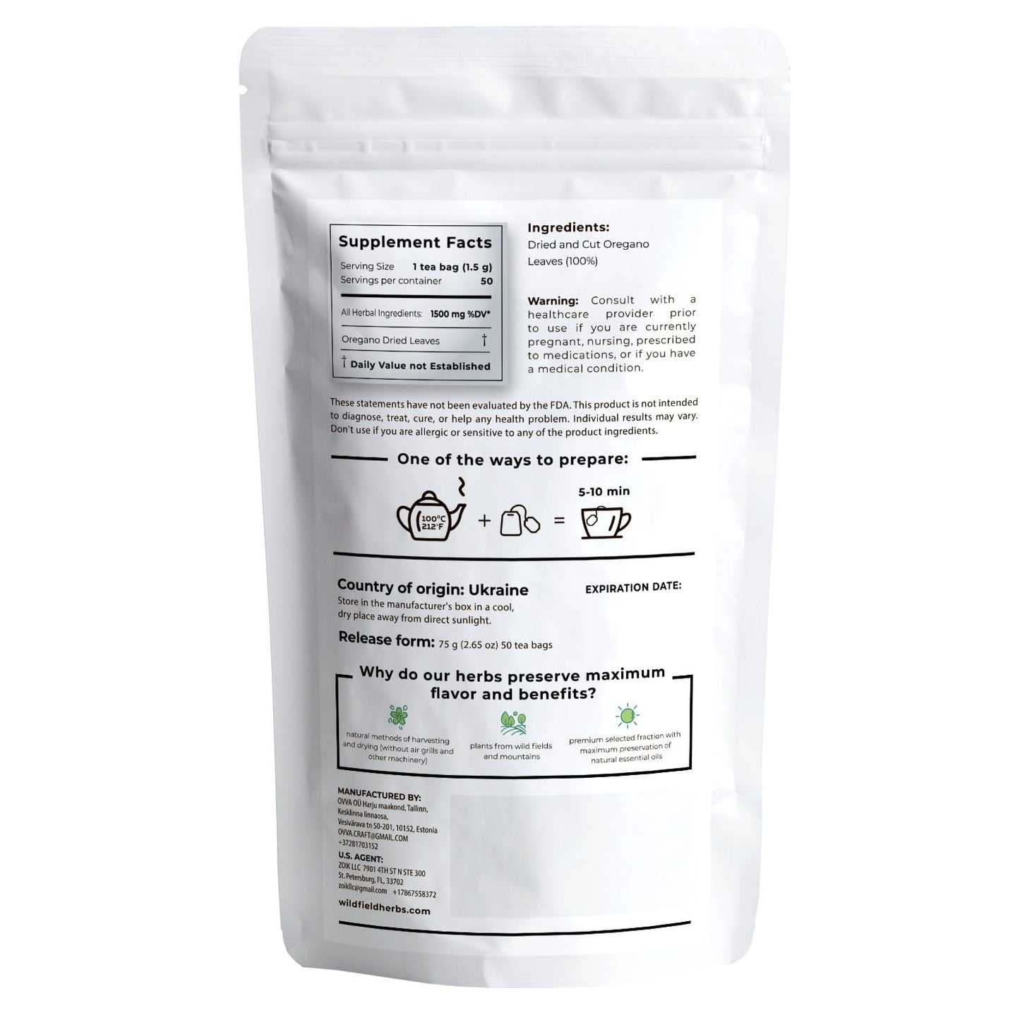 50 Bags Oregano Tea Dried Oregano Leaves Herbal Tea Bag (Origanum Vulgare L.) - 50 Count 1.5g Bags Dry Égano Leaf Herb