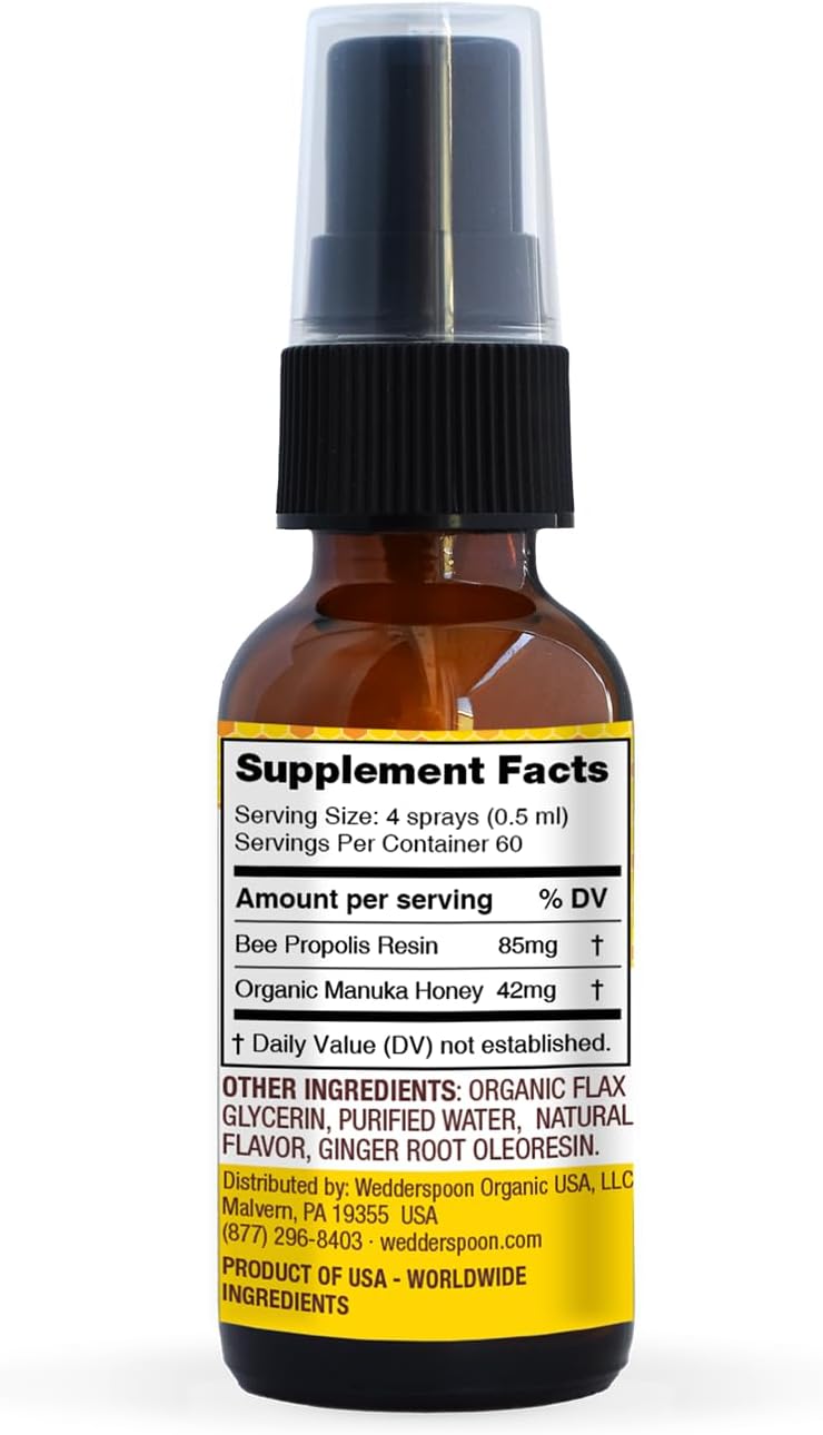 Wedderspoon Propolis and Manuka Honey Throat Spray, Lemon & Ginger, 1 Fl Oz (Pack of 1), Sore Throat Relief, Natural Immune Support