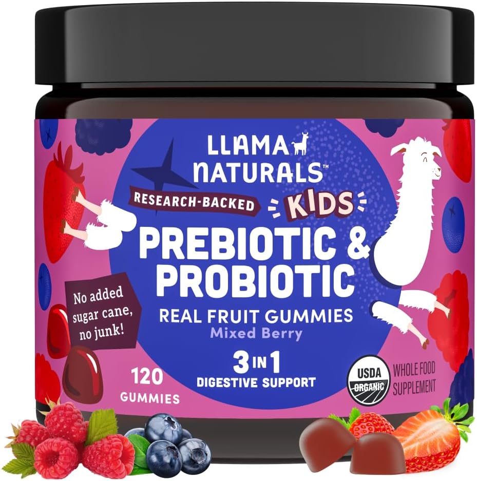 Llama Naturals Kids Probiotic with Prebiotic Fiber, Vegan, Organic Prebiotics and Probiotics Gummies for Gut Health Support, Toddler Real Fruit Gummy Vitamins, No Added Sugar Cane, Mixed Berry, 120 Ct