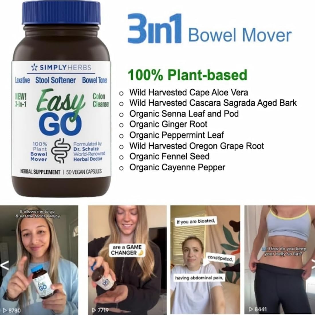 Dr. Schulze's Easy GO Bowel Mover 2-Pack | Formulated Gentle Laxative, Colon Toner & Stool Softener | 100% Plant Natural Bowel Cleanse | Promotes Regular & Complete Bowel Movements | 100 Ct Vegan