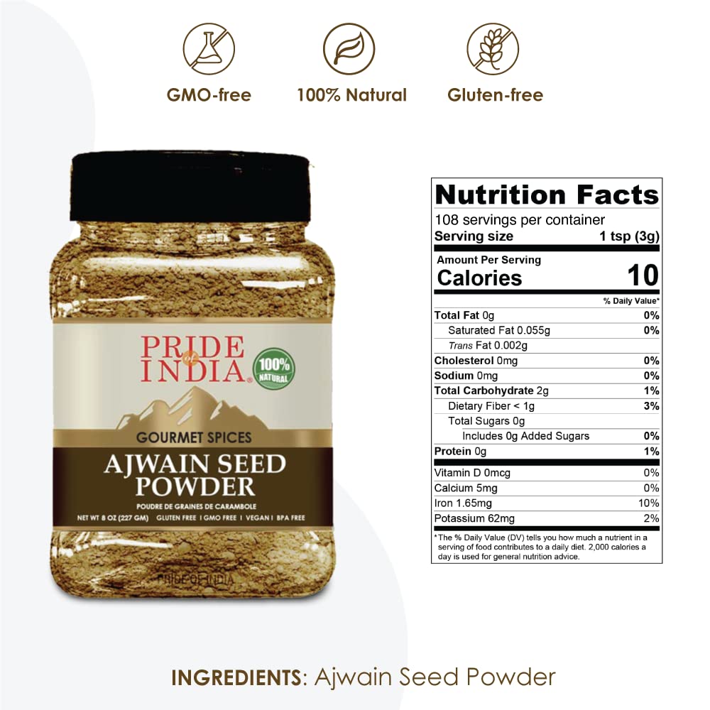 Pride of India - PACK of 6 - Ajwain Seed Powder – Gourmet Indian Spice – Made from Fresh Carom Seeds – Rich in Nutrients – Aromatic & Flavorful – Easy to Use - 8oz. Medium Dual Sifter Jar