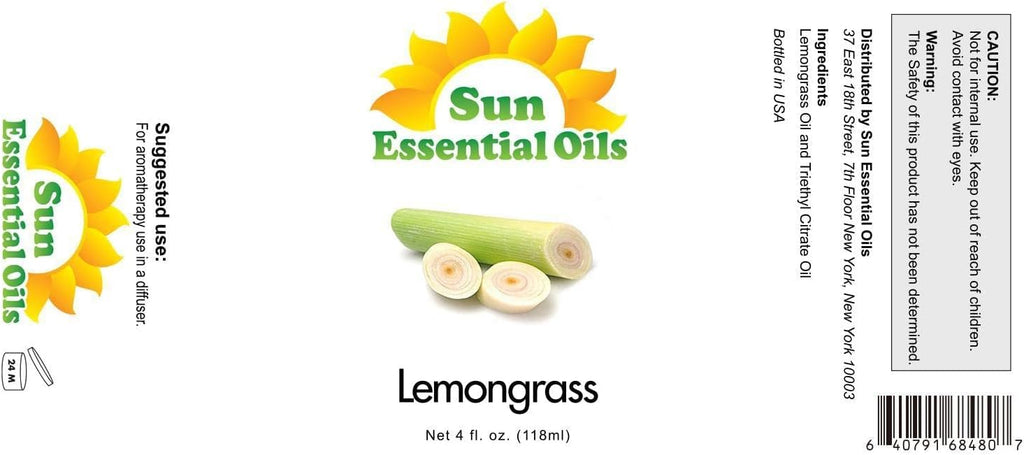 Sun Essential Oils - Lemongrass Essential Oil 4 oz with Dropper for Diffuser, Hair & Skincare, Aromatherapy Massage, Humidifier, Candle, Soap & Lotion Making at Home