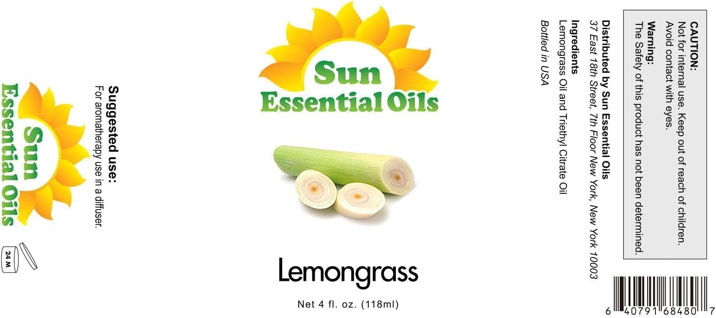Sun Essential Oils - Lemongrass Essential Oil 4 oz with Dropper for Diffuser, Hair & Skincare, Aromatherapy Massage, Humidifier, Candle, Soap & Lotion Making at Home