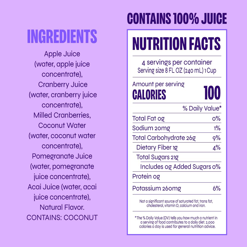 Revl Fruits™ 100% Juice, No Added Sugar, Cranberry Pomegranate Acai, Berry Wild, 32 fl oz. Carton (Pack of 6)