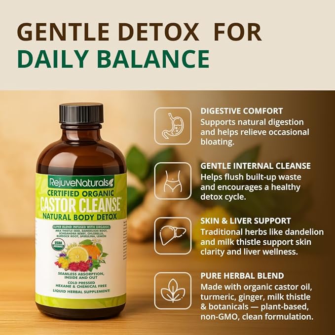 RejuveNaturals Castor Cleanse™ - USDA Organic Castor Oil, Chlorella, Spirulina, Roots & Greens for Wellness, Digestive Support, Daily Balance. 3-Month Supply Gut Cleanse Detox for Women & Men - 16oz.