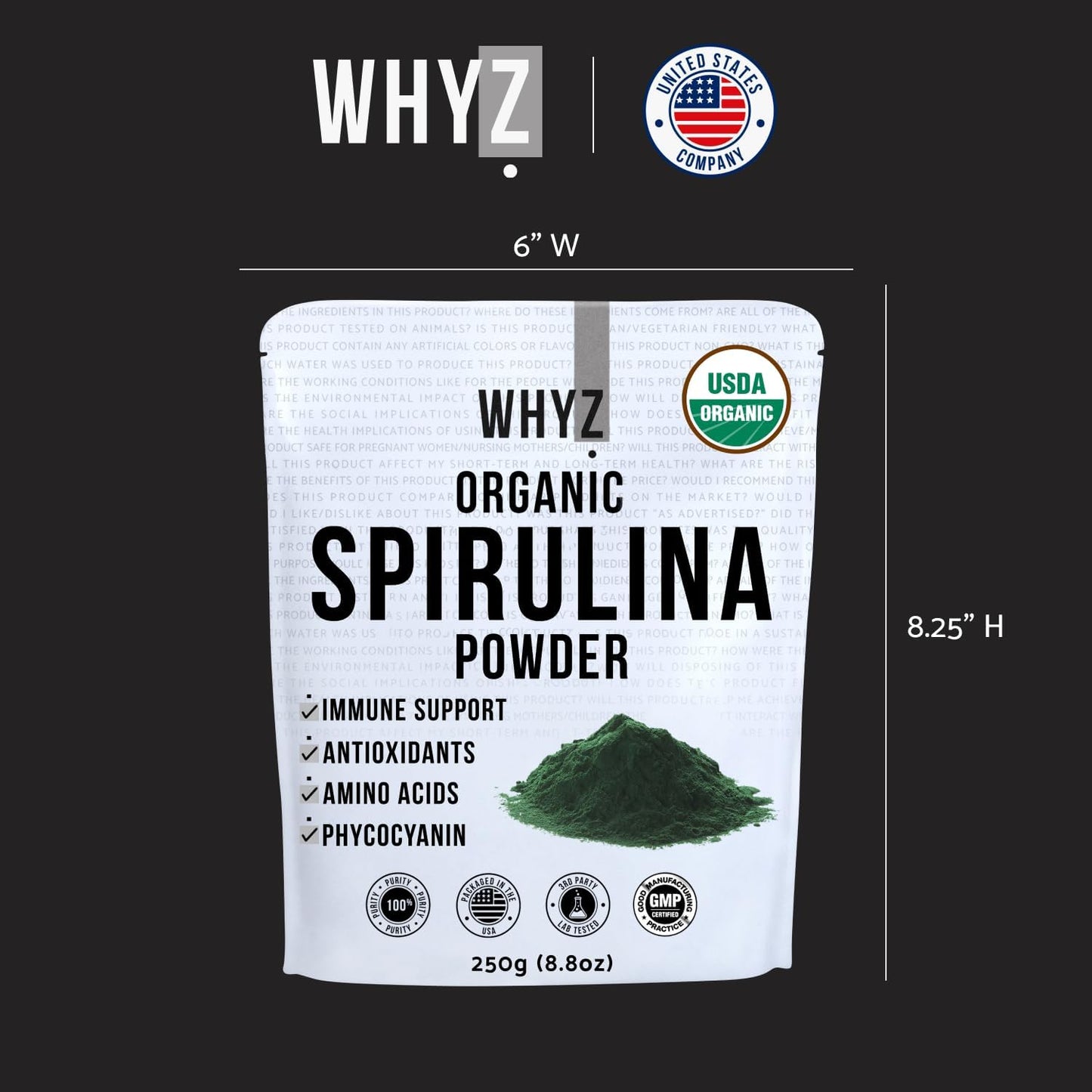 WHYZ Organic Spirulina Powder, 250g, Protein-Rich Spirulina Supplement, Organic Superfood for Immune Support, Green Spirulina Powder Organic Non GMO for Smoothies & Recipes