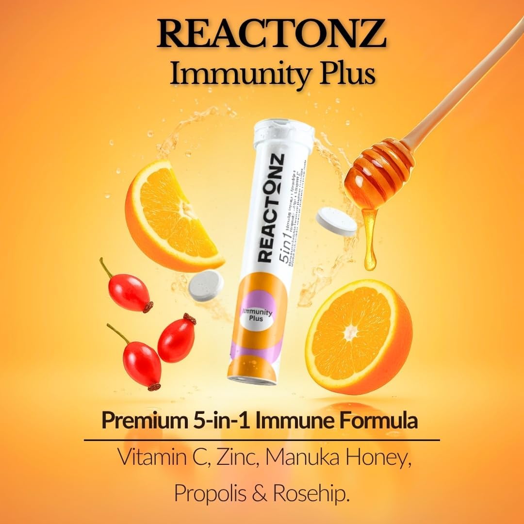 5 in 1 Immunity Plus – Immune Support & Antioxidant Supplement – Vitamin C, Zinc, Manuka Honey, Rosehip & Propolis – Natural Zesty Orange Flavor – 20 Day Supply Effervescent Tablets