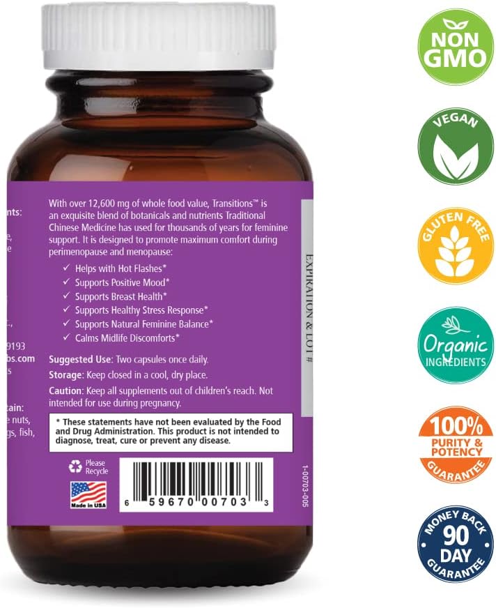 Pure Essence Labs Transitions Vitamins for Women, Natural Menopause Relief Supplement to Promote Hormone Balance, Reduce Hot Flashes, Mood Swings & Night Sweats, 60 Capsules