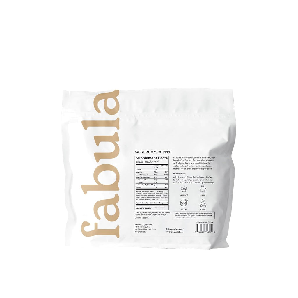 Fabula Instant Mushroom Coffee with Cordyceps, Reishi King Trumpet, Shiitake, Lion’s Mane, Turkey Tail, Organic Arabica Blend - Low Acid, Mold Free - 13 oz