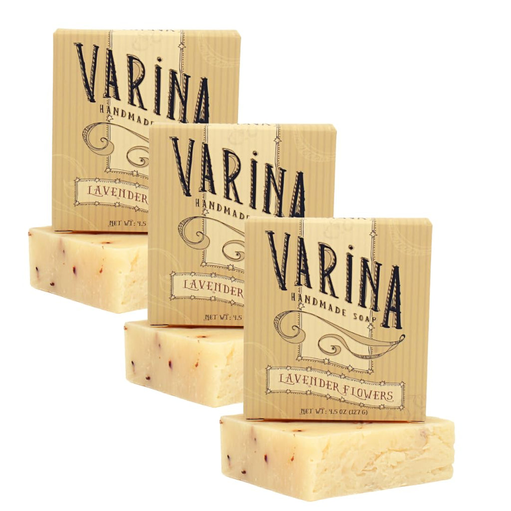 Varina Organic Lavender Flowers Bar Soap - Gentle Cleansing for Sensitive Skin, Herbal and Mint - 3 Pack