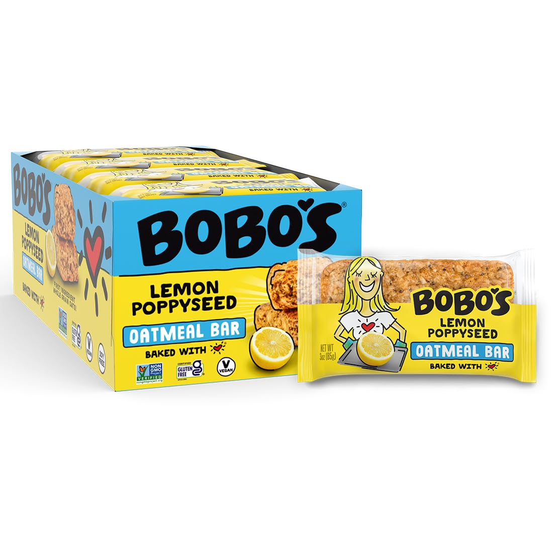 Bobo's Lemon Poppyseed Oat Bars, Gluten Free, Non-GMO, Whole Grain Oats, Pack of 12 | Snack Bars | On-the-Go | Made with Simple Ingredients
