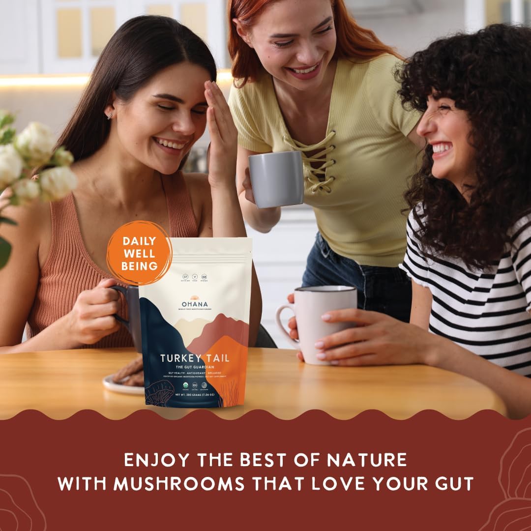 Ohana Turkey Tail, Organic Mushrooms Powder Blend, USDA-Organic Whole Food Mushroom Supplement, Non-GMO, Gluten-Free, 7.06 oz Bag, Pack of 1