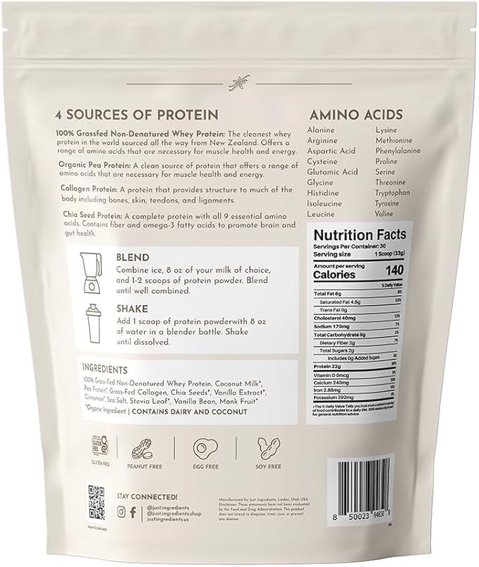 JUST INGREDIENTS Vanilla Bean Protein Powder – 30-Serving Blend with 100% Grass-Fed Whey & Organic Plant Proteins – Real Vanilla Bean & Cinnamon – Supports Muscle Recovery, Energy*