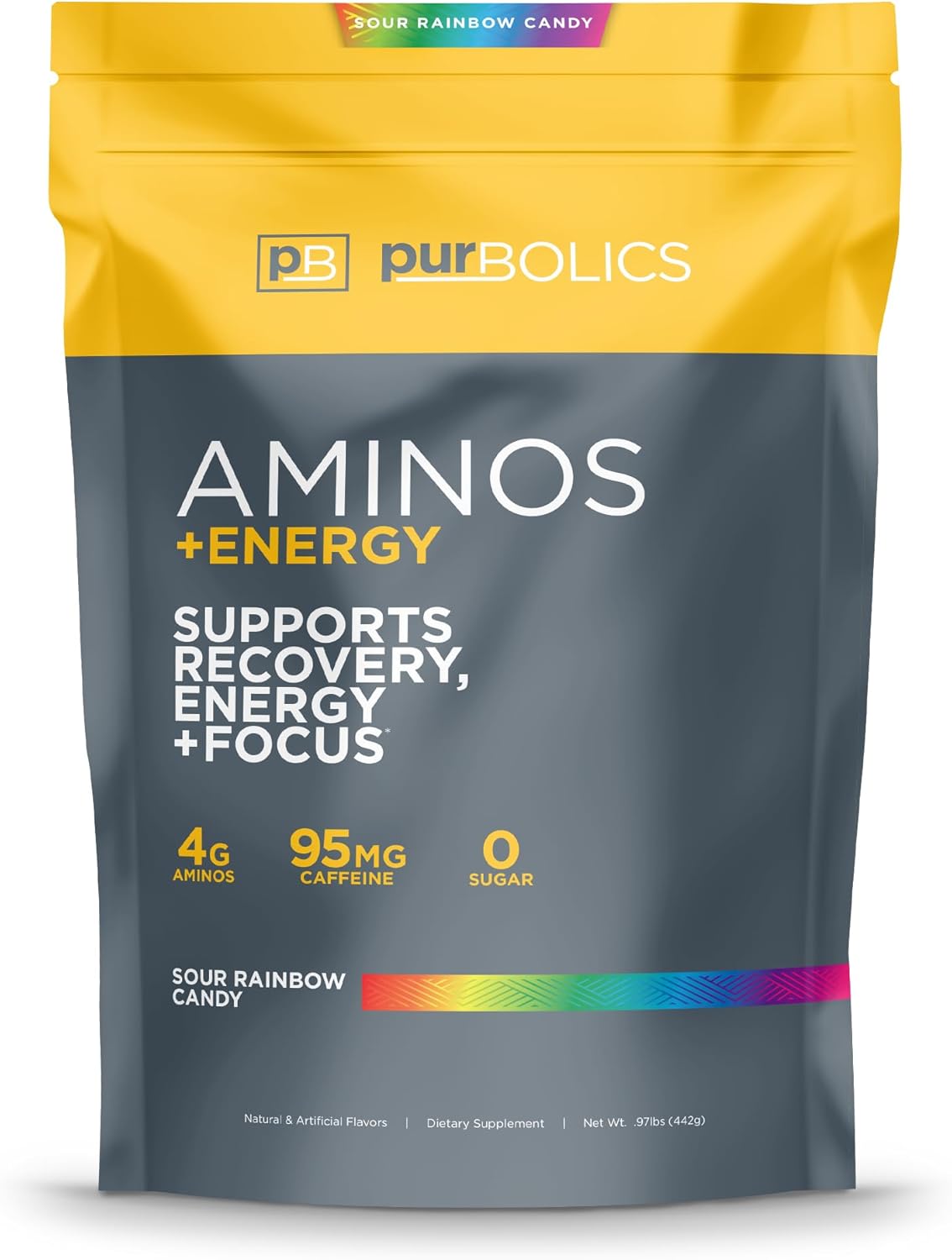 Purbolics Aminos + Energy | Supports Recovery, Energy & Focus | 95mg of Caffeine, 0 Sugar & 60 Servings (Sour Rainbow Candy)