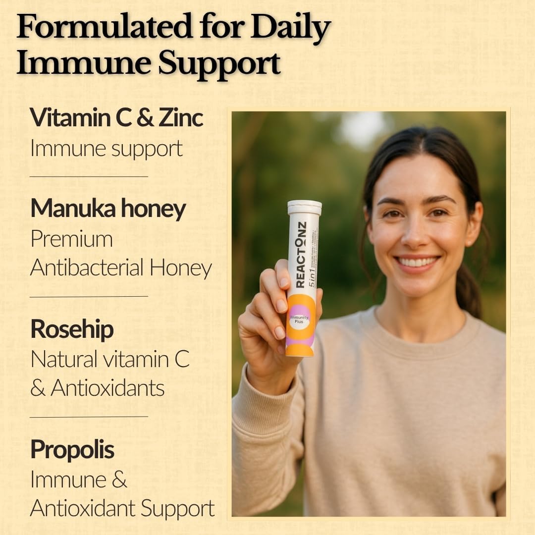 5 in 1 Immunity Plus – Immune Support & Antioxidant Supplement – Vitamin C, Zinc, Manuka Honey, Rosehip & Propolis – Natural Zesty Orange Flavor – 60 Day Supply Effervescent Tablets