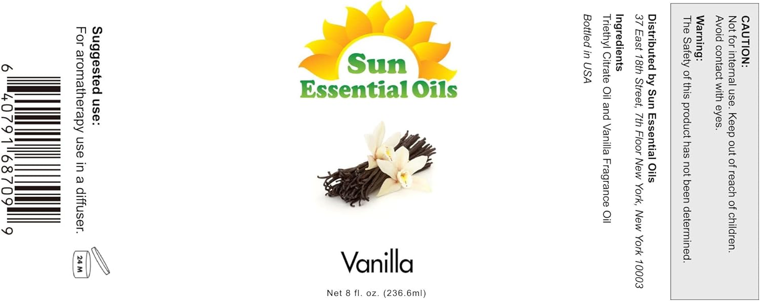 Sun Essential Oils - Vanilla Essential Oil 8 oz with Dropper for Diffuser, Skin, Hair, Humidifier & Aromatherapy Massage, Scent for Candle, Lotion & Soap Making & Room Freshener