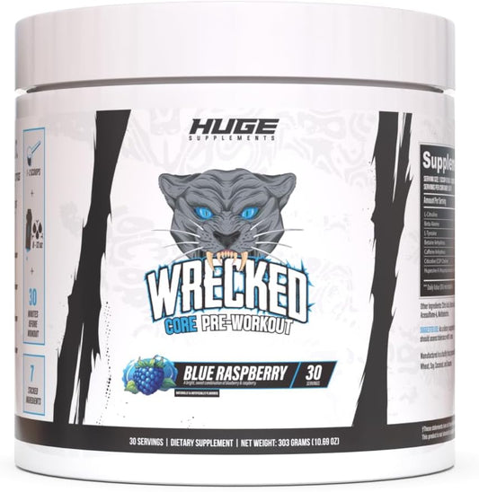 Wrecked Core - All-in-One Pre-Workout Supplement for Men & Women, Increase Energy, Focus & Pumps with L-Citrulline, Beta-Alanine, L-Tyrosine & More (30 Servings) - Blue Raspberry