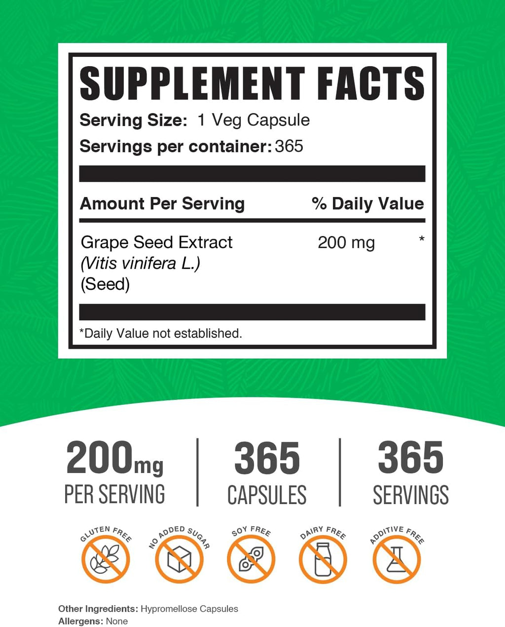 BulkSupplements.com Grape Seed Extract Capsules - Antioxidant Supplement, Grape Seed Extract 200mg - Vegan & Gluten Free, 1 Capsule per Serving, 365 Veg Capsules (Pack of 1)