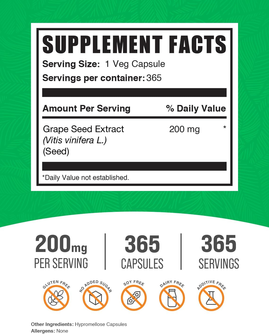 BulkSupplements.com Grape Seed Extract Capsules - Antioxidant Supplement, Grape Seed Extract 200mg - Vegan & Gluten Free, 1 Capsule per Serving, 365 Veg Capsules (Pack of 1)
