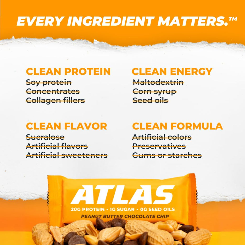 Atlas Bar – 20g Protein, 1g Sugar, 0g Seed Oils, 0g Artificial Sweeteners (12 Count, Peanut Butter Chocolate Chip)