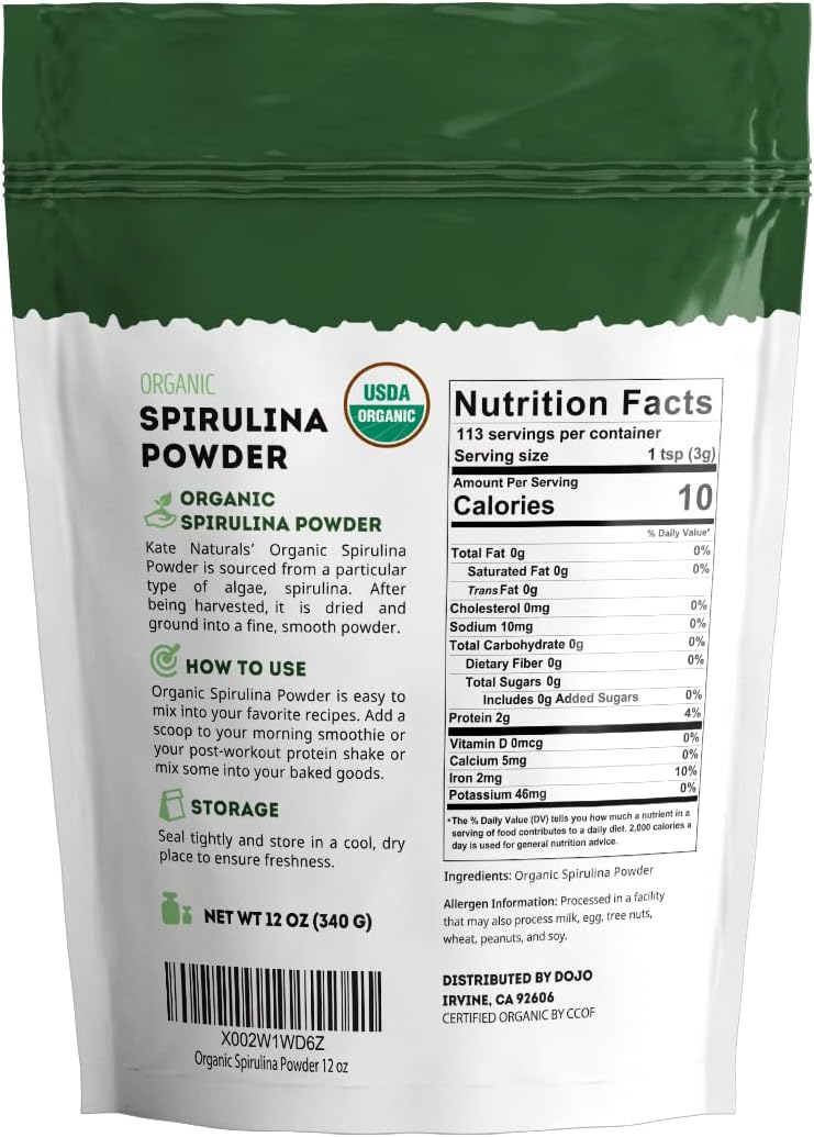 Kate Naturals Organic Spirulina Powder. Nutrient Dense Superfood Supplement (12 oz, USDA Certified, Non-GMO, Gluten- Free)