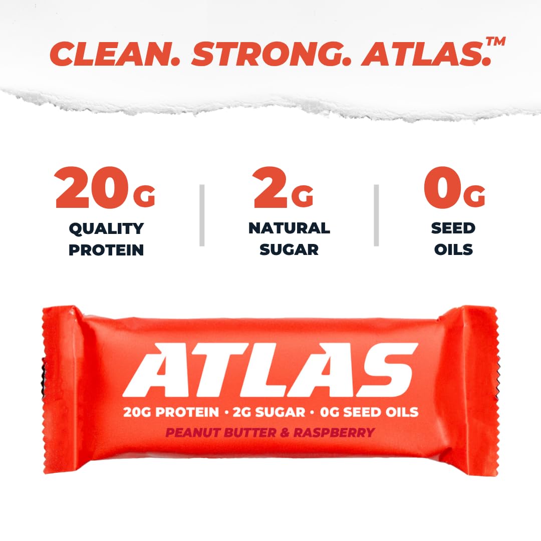 Atlas Bar – 20g Protein, 1g Sugar, 0g Seed Oils, 0g Artificial Sweeteners (12 Count, Peanut Butter Raspberry)
