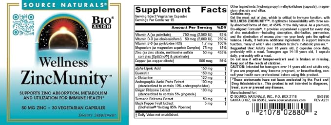 Source Naturals Wellness ZincMunity, Supports Zinc Absorption, Metabolism and Utilization for Immune Health*, 50 mg Zinc - 30 Vegetarian Capsules