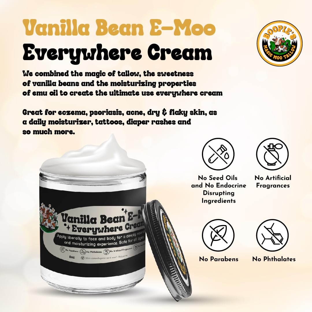 Magic Moo Tallow Vanilla Bean E-Moo Moisturizing Everywhere Cream with Organic Emu Oil. For acne, stretch marks, eczema, hyrdation, dry skin & more. 2oz