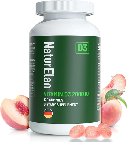 Vitamin D3 Gummies - 120 Gummies, 2000 IU Vitamin D3 per Gummy, Sugar Free, Boost Bones, Mood & Immune System Function, Third Party Tested, Yummy Peach Flavor, Vegan & Gluten Free, 120 Servings