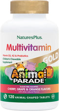 NaturesPlus Animal Parade Gold Children's Multivitamin - Assorted Cherry, Orange & Grape Flavors - 120 Animal-Shaped Chewable Tablets, Pack of 4 - Vegan, Gluten Free - 240 Total Servings