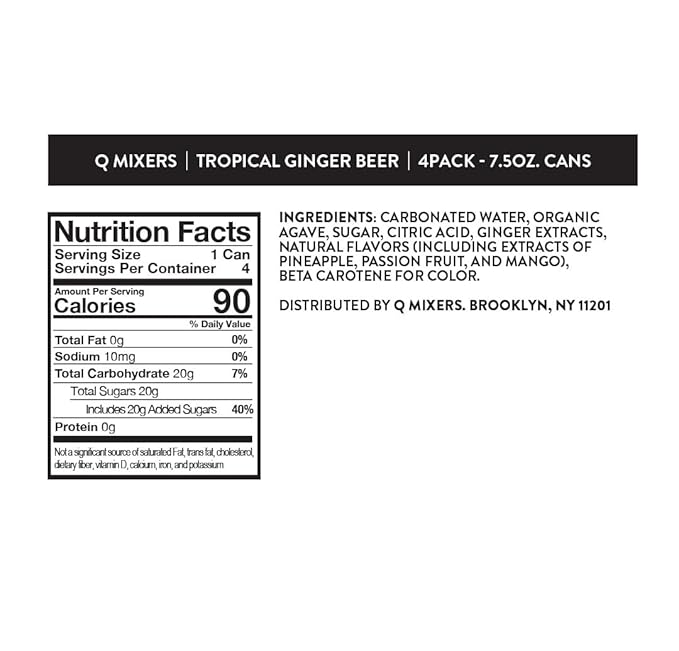 Q TROPICAL GINGER BEER with Real Ginger, Tropical Fruits & Organic Agave - Ideal for Cocktails & Mocktails - Real Ingredients & Perfectly Carbonated - 90 Calories per Can - 7.5 Fl Oz Cans (Pack of 24)
