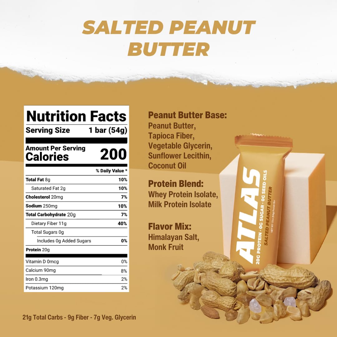 Atlas Bar – 20g Protein, 1g Sugar, 0g Seed Oils, 0g Artificial Sweeteners (Salted Peanut Butter, 24 Count)
