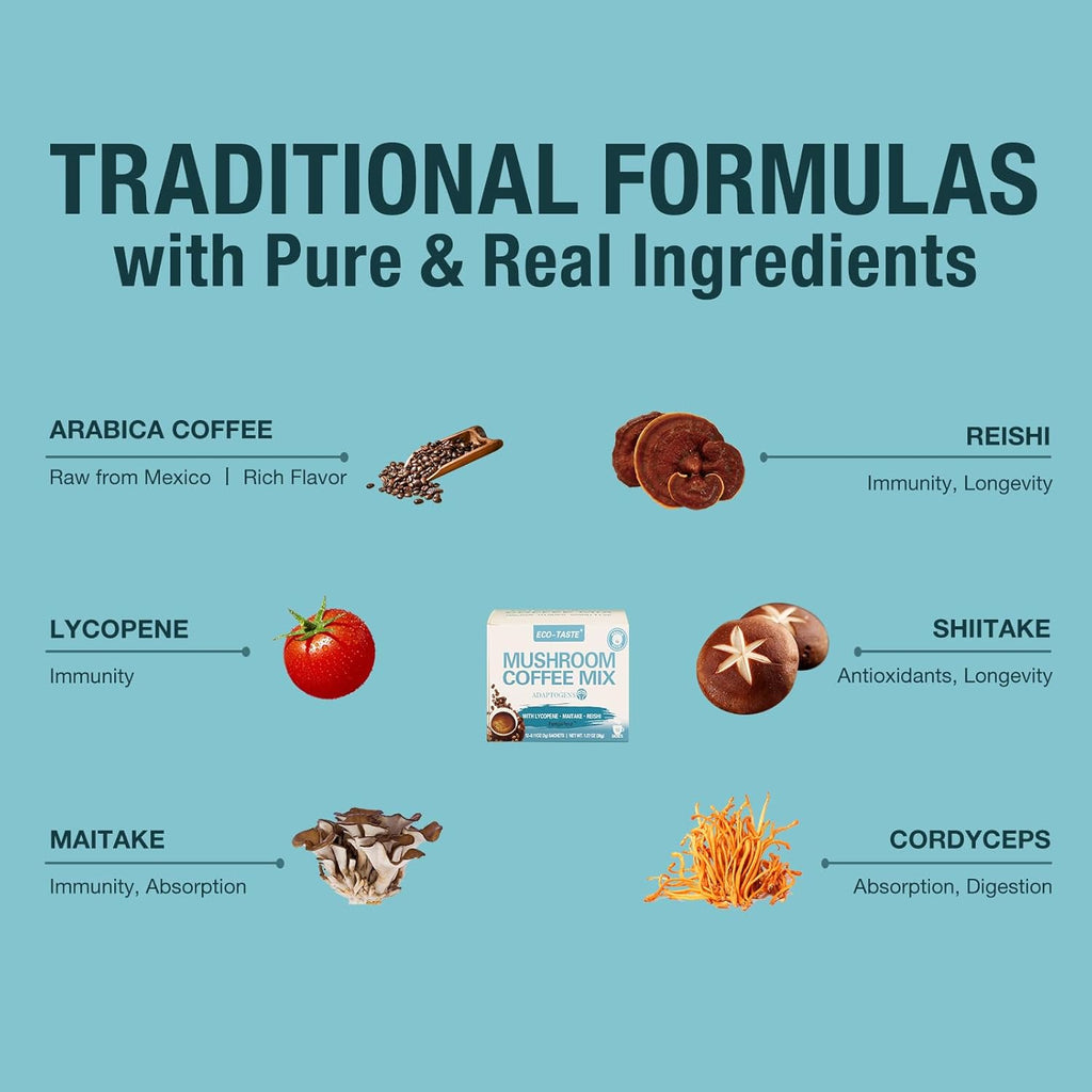 ECO-TASTE Mushroom Coffee Mix, Designed for Immunity with Lycopene, Maitake, Reishi Mushroom – 12 Sachets
