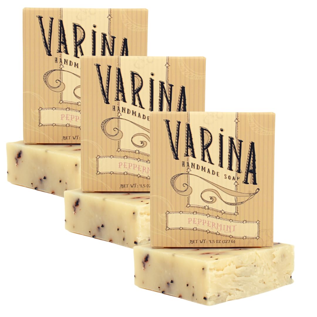 Varina Organic Peppermint Bar Soap - Gentle Cleansing for Sensitive Skin, Herbal and Mint - 3 Pack