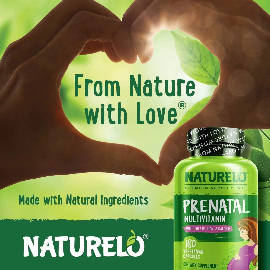 NATURELO Prenatal Multivitamin with Gentle Chelated Iron, Methyl Folate, Plant Calcium & Choline - Vegan, Vegetarian - Non-GMO - Gluten Free - 180 Capsules - 2 Month Supply