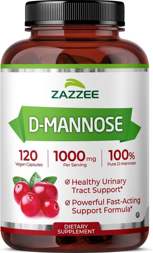 Zazzee D-Mannose, 1000 mg per Serving, 120 Vegan Capsules, 2 Month Supply, Potent & Fast-Acting, Certified Kosher, 100% Pure, All-Natural Urinary Tract Health Support, 100% Vegetarian, Non-GMO