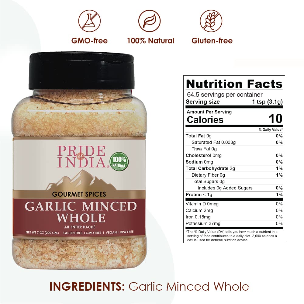 Pride Of India- Garlic Minced Whole- 7oz (200gm)- Made from whole, fresh garlic cloves to give finely grated uniform strips - GMO Free, Vegan, Gluten-Free, and No Artificial Colors