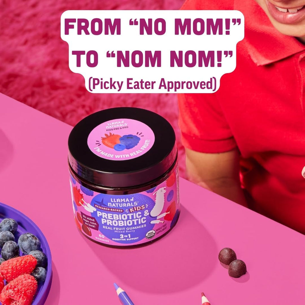 Llama Naturals Kids Probiotic with Prebiotic Fiber, Vegan, Organic Prebiotics and Probiotics Gummies for Gut Health Support, Toddler Real Fruit Gummy Vitamins, No Added Sugar Cane, Mixed Berry, 120 Ct