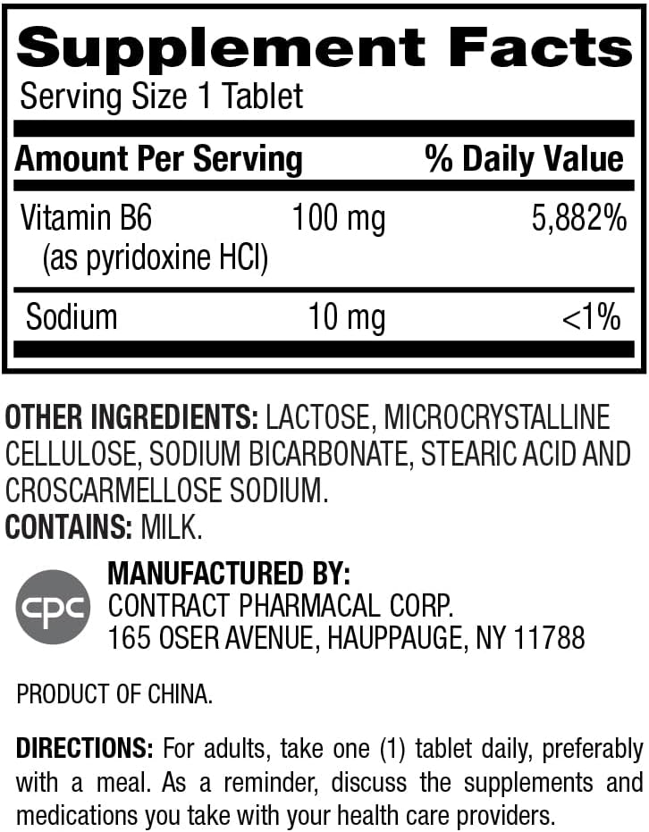 Earth's Splendor Energy Supplement Vitamin B6 for Men & Women, No Artificial Color or Preservatives, Non-GMO, Supports Energy Metabolism and Red Blood Cell Production (100mg, 250 Tablets)