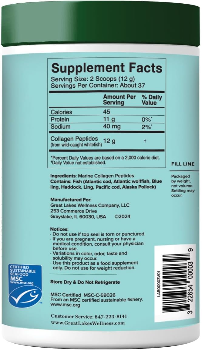 Great Lakes Wellness Sustainable Marine Collagen Peptides Powder for Skin, Hair, Nails, Joints & Digestion - Unflavored - Quick Dissolve Hydrolyzed, Wild Caught, MSC Certified, Non-GMO, Kosher - 16 oz