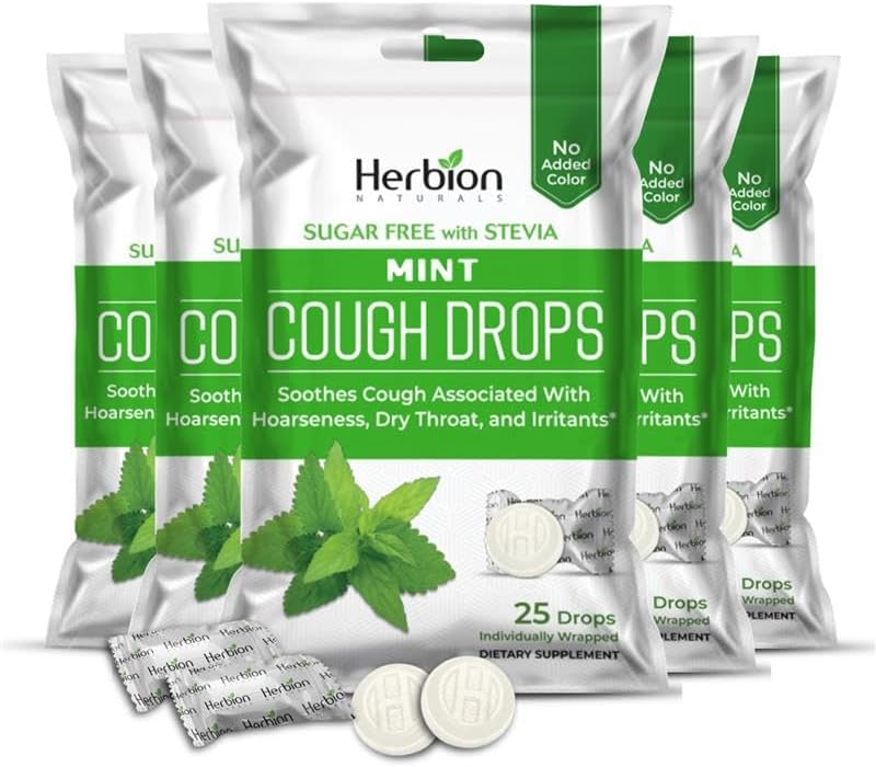 HERBION Naturals Cough Drops, Sugar-Free with Stevia, Dietary Supplement, Soothes Cough, for Adults & Children Over 6 Years, 125 Drops (Pack of 5), Mint