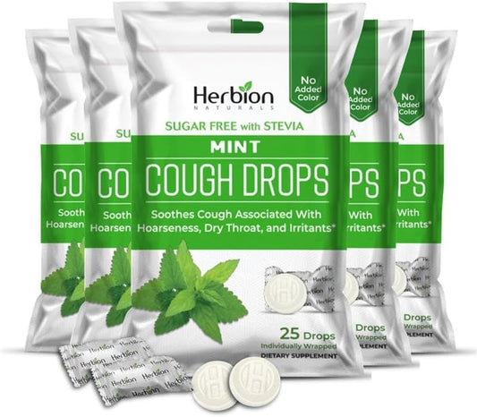HERBION Naturals Cough Drops, Sugar-Free with Stevia, Dietary Supplement, Soothes Cough, for Adults & Children Over 6 Years, 125 Drops (Pack of 5), Mint