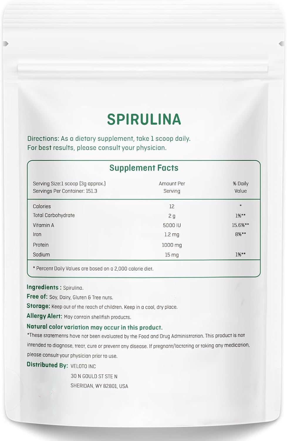 Spirulina Powder, Spirulina Superfood Powder, Natural Antioxidants & Vitamins Supplement, Pure Vegan Protein for Immune Support, Non-GMO. Gluten-Free, 1 Pound (16 Ounce)