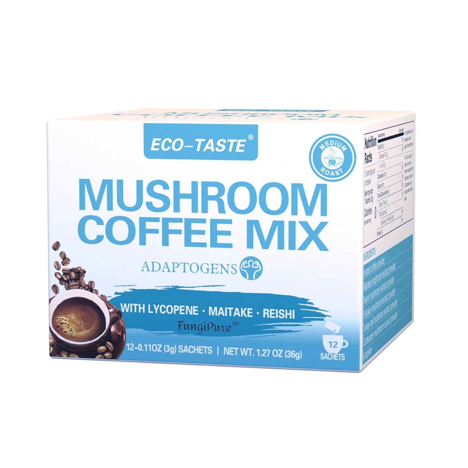 ECO-TASTE Mushroom Coffee Mix, Designed for Immunity with Lycopene, Maitake, Reishi Mushroom – 12 Sachets