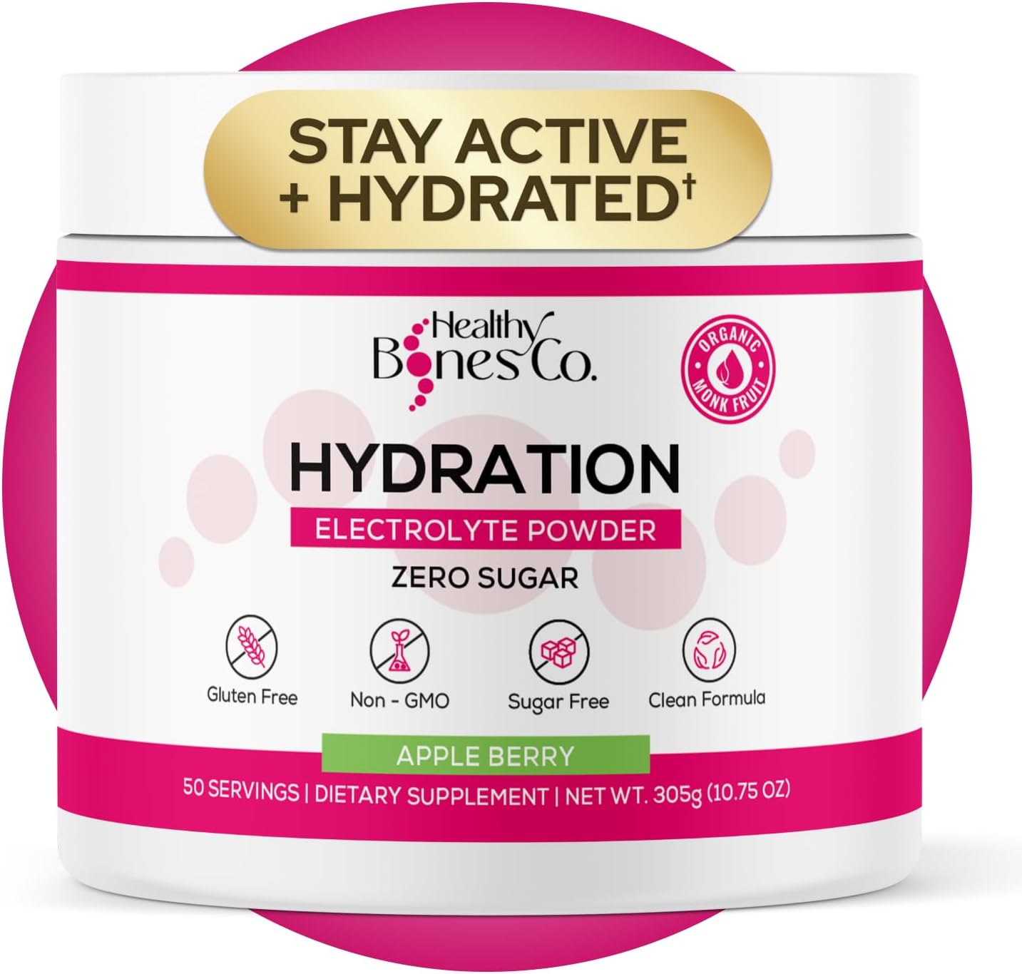 Sugar-Free Electrolyte Powder Drink Mix Fast Hydration Naturally Sweetened with Organic Monk Fruit, Apple Berry Flavor (305g) with Key Electrolytes and Trace Minerals –Keto Friendly, Vegan