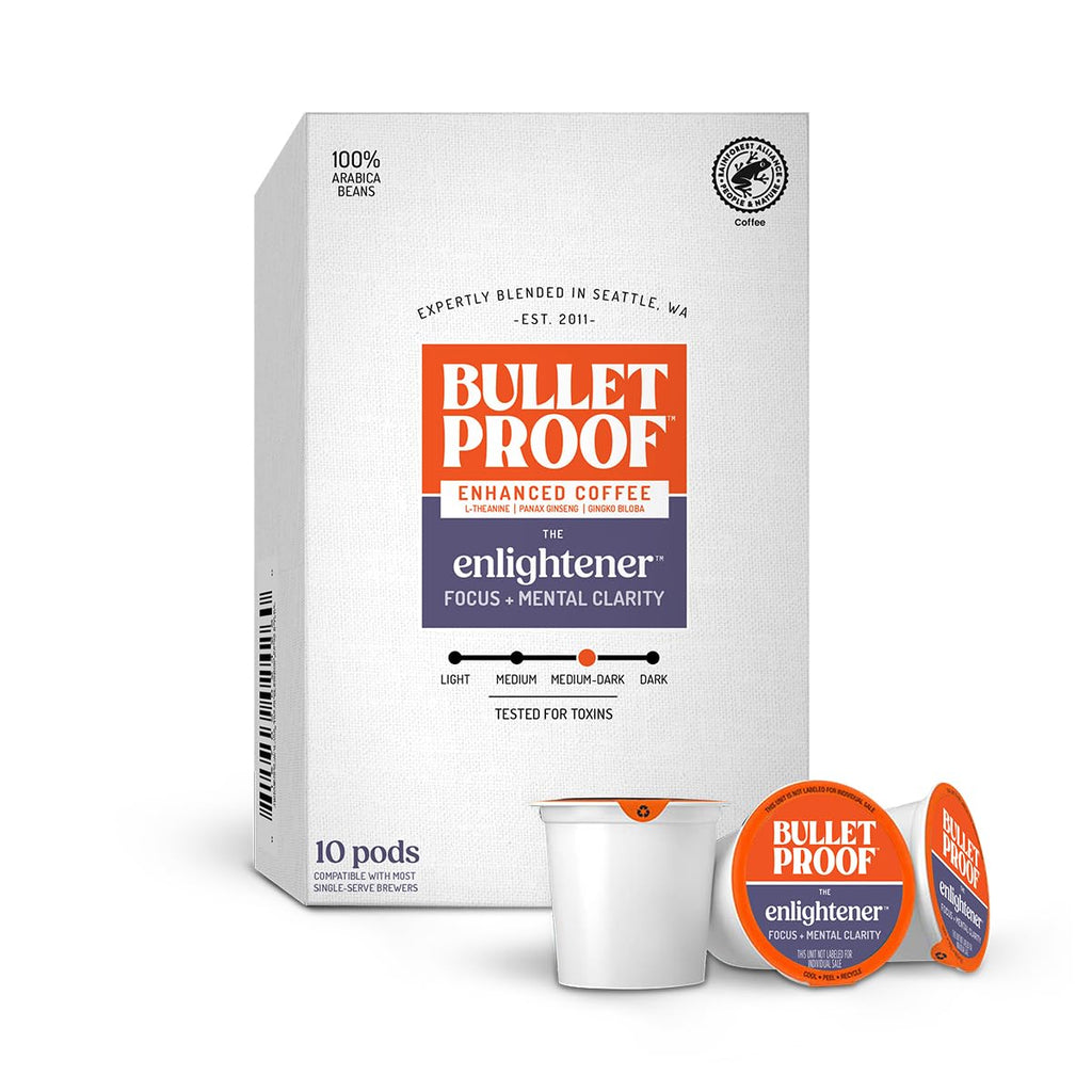 Bulletproof The Enlightener Coffee Pods, 10 Count, Medium-Dark Roast Enhanced Coffee with L-Theanine, Panax Ginseng and Gingko Biloba, Supports Mental Clarity, Focus, and Memory