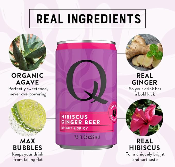 Q HIBISCUS GINGER BEER with Real Ginger, Hibiscus, & Organic Agave - Cocktails & Mocktails - Real Ingredients, Perfectly Carbonated & Less Sweet - 80 Calories per Can - 7.5 Fl Oz Cans (Pack of 24)