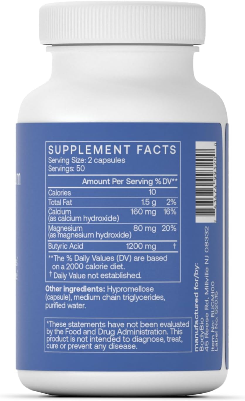 BodyBio Butyrate - Postbiotic for Gut Health, Digestive Support, Bloat, Gas & Constipation Relief, Leaky Gut Repair - Calcium, Magnesium + Butyric Acid Supplement for GI Wellness