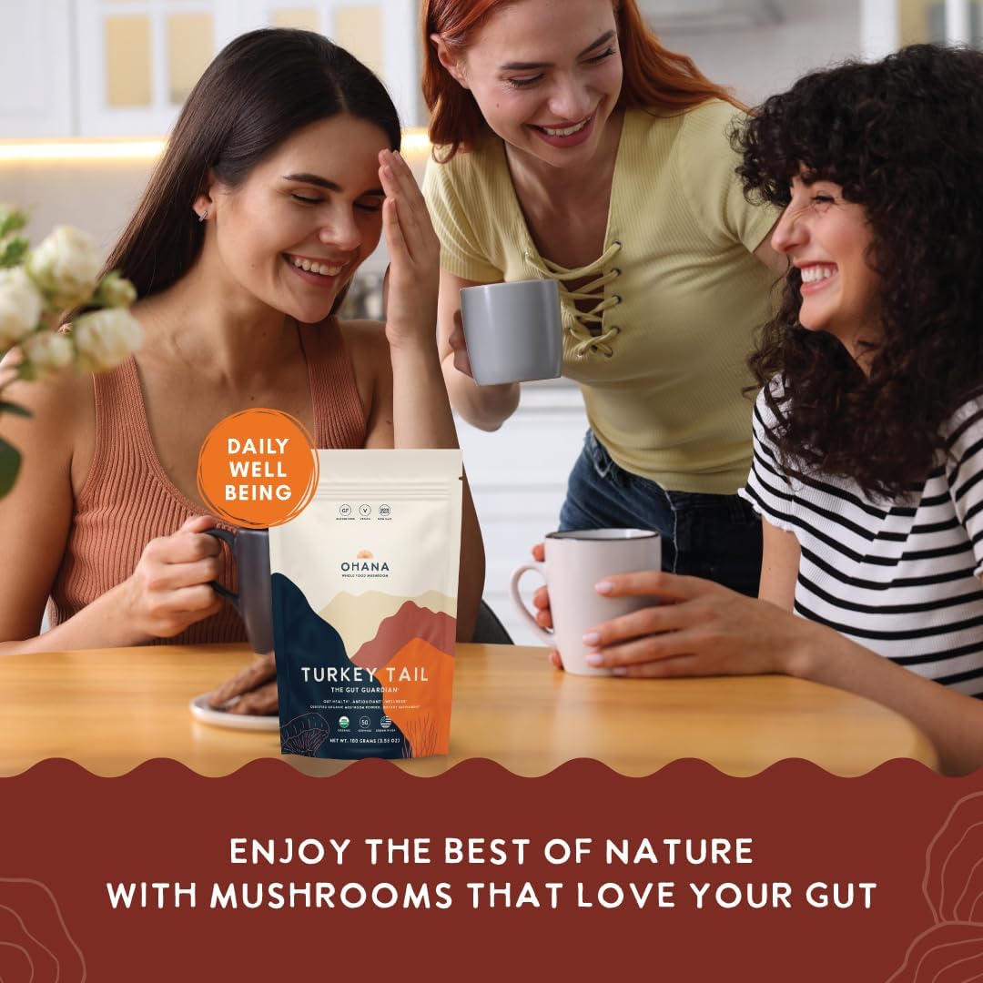 Ohana Turkey Tail, Organic Mushrooms Powder Blend, USDA-Organic Whole Food Mushroom Supplement, Non-GMO, Gluten-Free, 3.53 oz Bag, Pack of 1